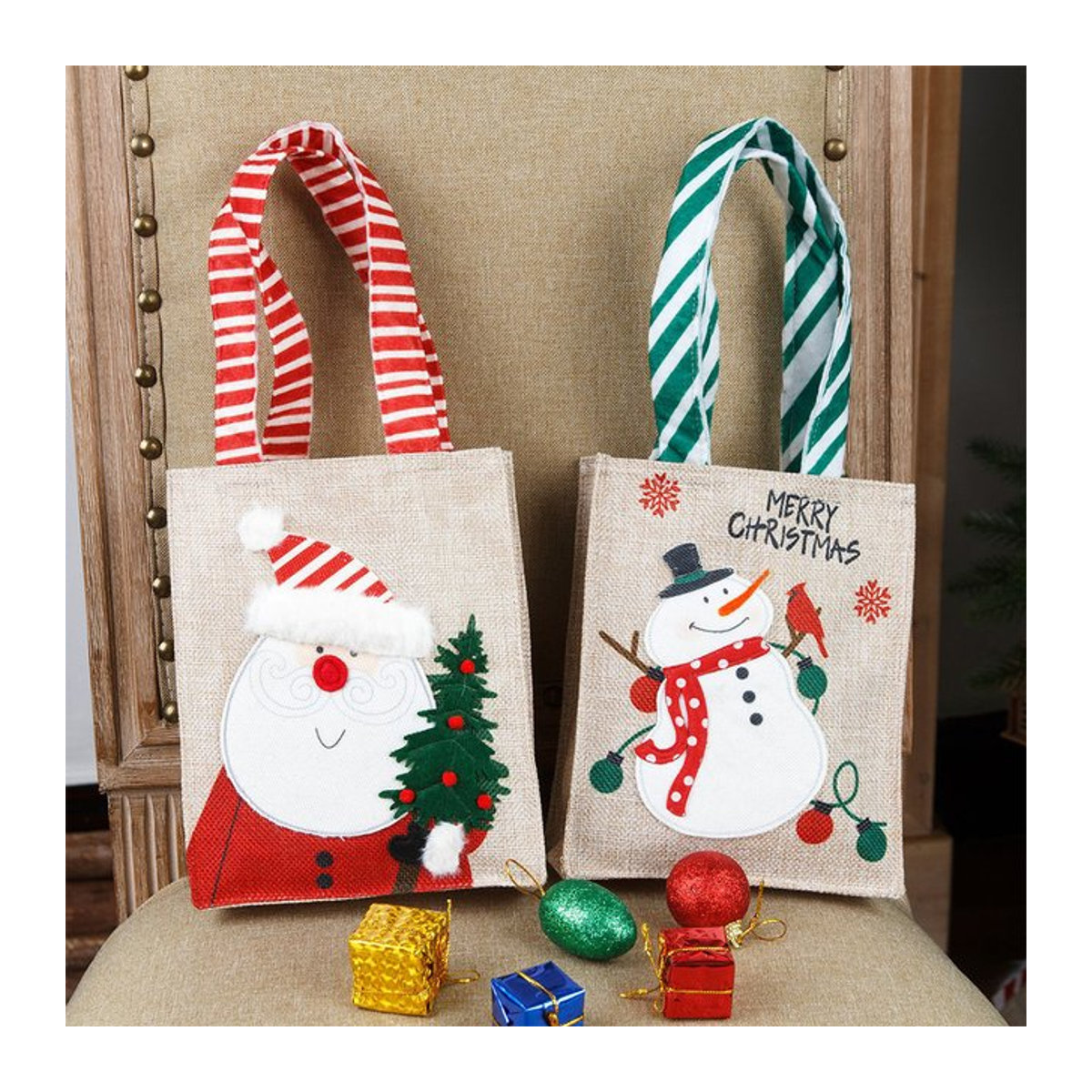 WEIGAO Weihnachtsgeschenktüten mit Schneemann und Weihnachtsmann Motiv, mehrfarbige Textil-Tragetaschen für Süßigkeiten und Kekse, Weihnachtsdekoration - Bild 1