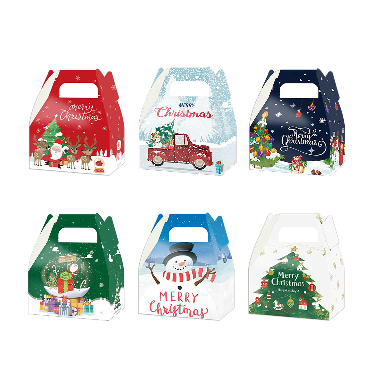Weihnachten Süßigkeiten Boxen mit Santa Claus, Schneemann und Elch als Geschenkverpackung für Cookies und Snacks, mehrfarbig, Papier, rechteckig und stehend - Bild 2