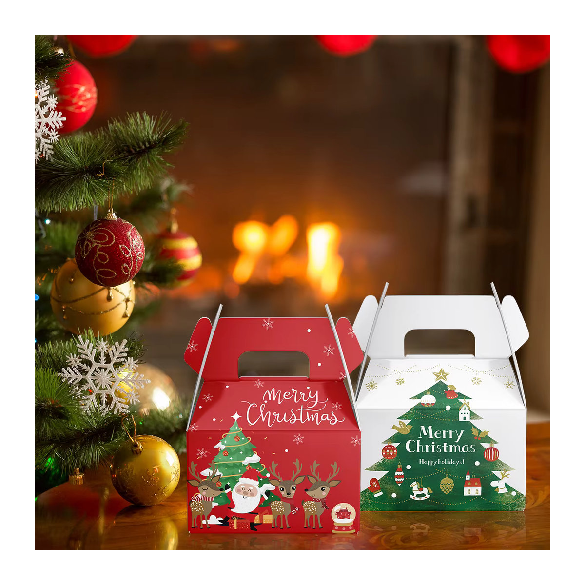 Weihnachten Süßigkeiten Boxen mit Santa Claus, Schneemann und Elch als Geschenkverpackung für Cookies und Snacks, mehrfarbig, Papier, rechteckig und stehend - Bild 5