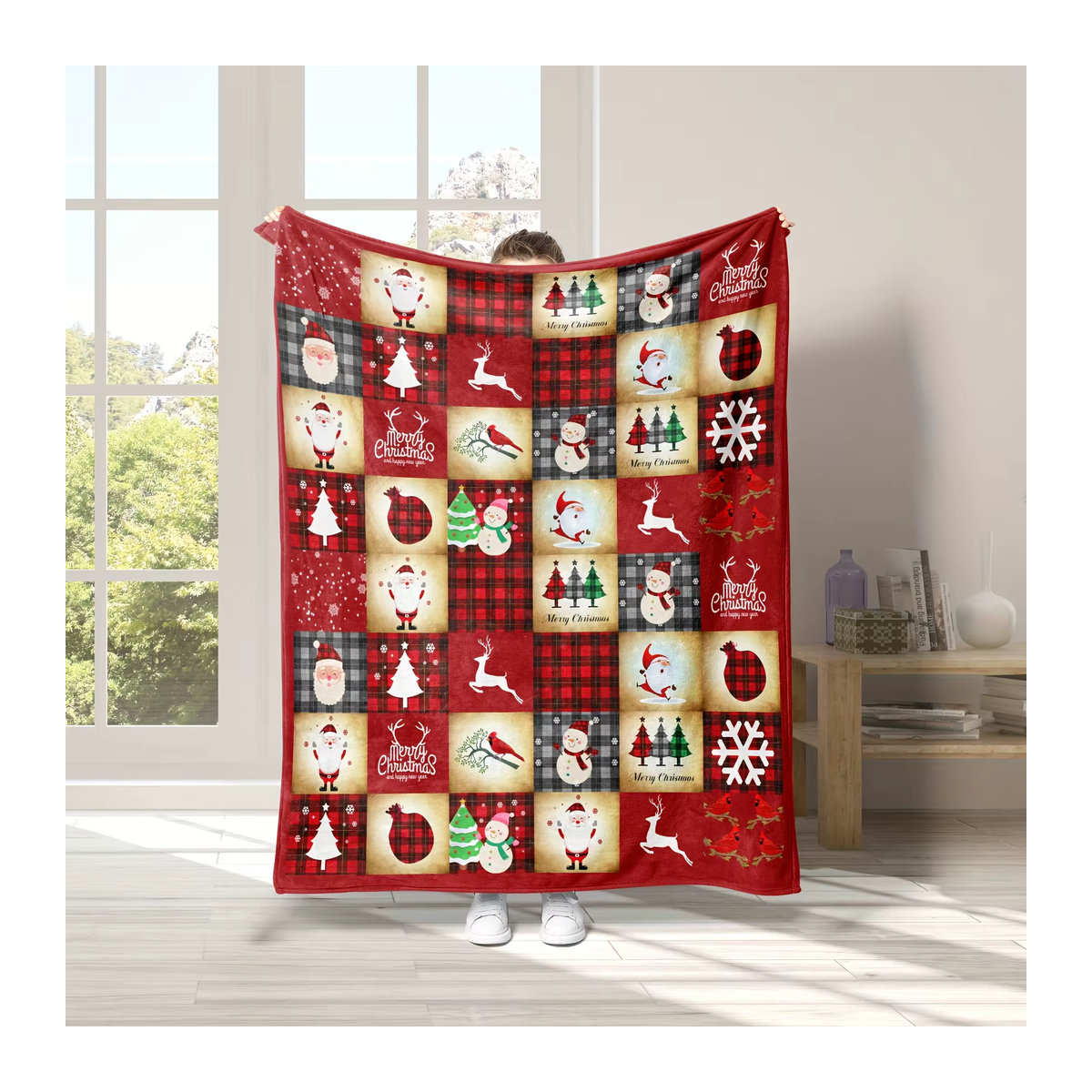Weihnachtliche Flanelldecke mit Weihnachtsmann, Schneemann und Elchmuster in Multicolor - Bild 2
