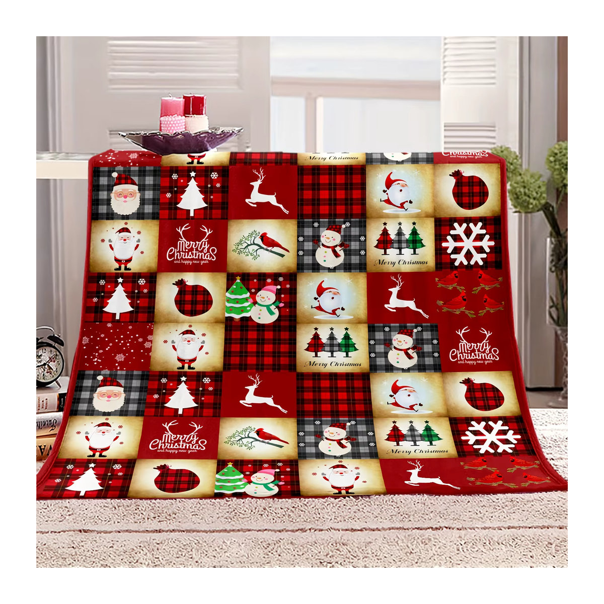 Weihnachtliche Flanelldecke mit Weihnachtsmann, Schneemann und Elchmuster in Multicolor - Bild 3