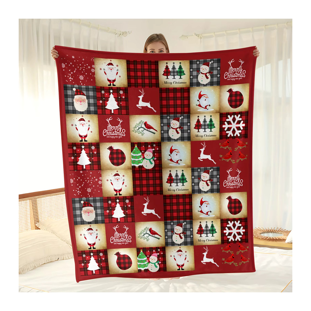 Weihnachtliche Flanelldecke mit Weihnachtsmann, Schneemann und Elchmuster in Multicolor - Bild 4