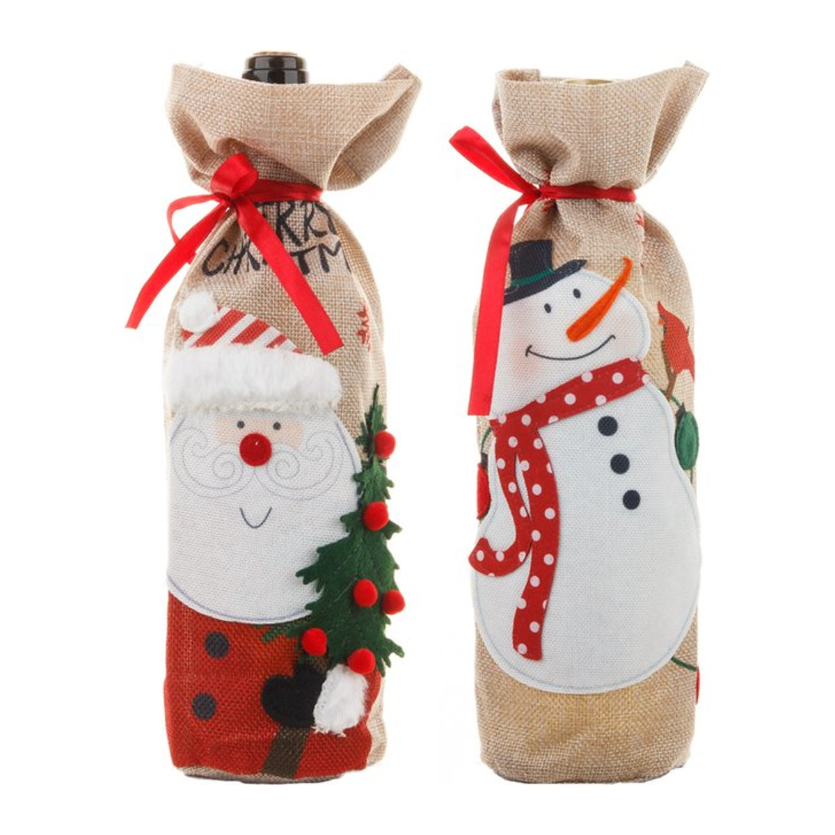 Weihnachtliche Flaschenhülle von cyuan mit Weihnachtsmann und Schneemann Motiv in Mehrfarbig, Textil-Flaschenbeutel für Champagner und Wein zur Tischdekoration - Bild 1