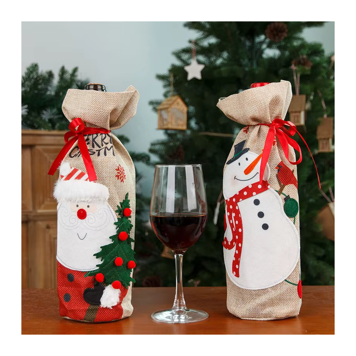 Weihnachtliche Flaschenhülle von cyuan mit Weihnachtsmann und Schneemann Motiv in Mehrfarbig, Textil-Flaschenbeutel für Champagner und Wein zur Tischdekoration - Bild 3
