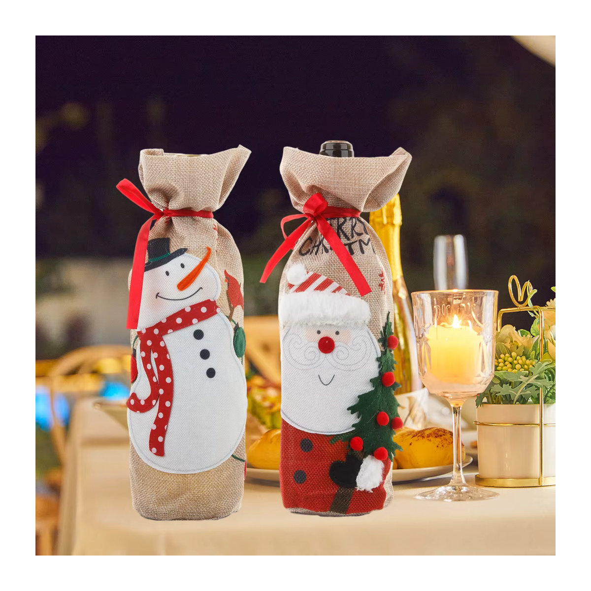 Weihnachtliche Flaschenhülle von cyuan mit Weihnachtsmann und Schneemann Motiv in Mehrfarbig, Textil-Flaschenbeutel für Champagner und Wein zur Tischdekoration - Bild 4