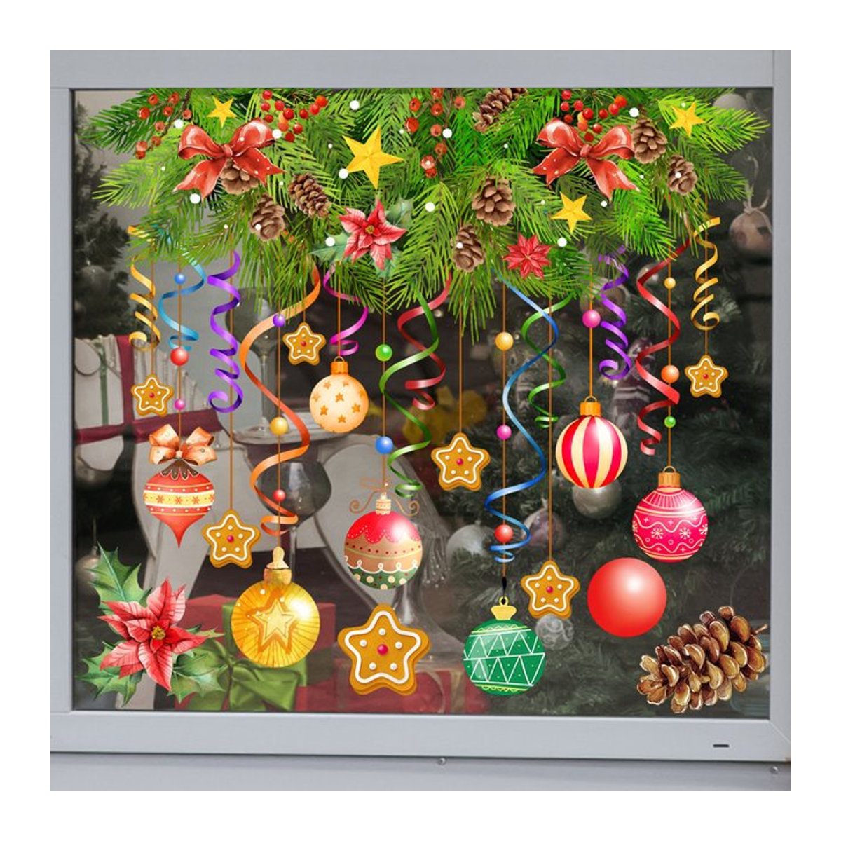 Weihnachts-Fensteraufkleber mit bunten Lichtern, Luftballons, Tannenzapfen und Band, doppelseitig bedruckbar, statisch haftend, Multicolor, B: 40,0 cm, H: 30,0 cm - Bild 1
