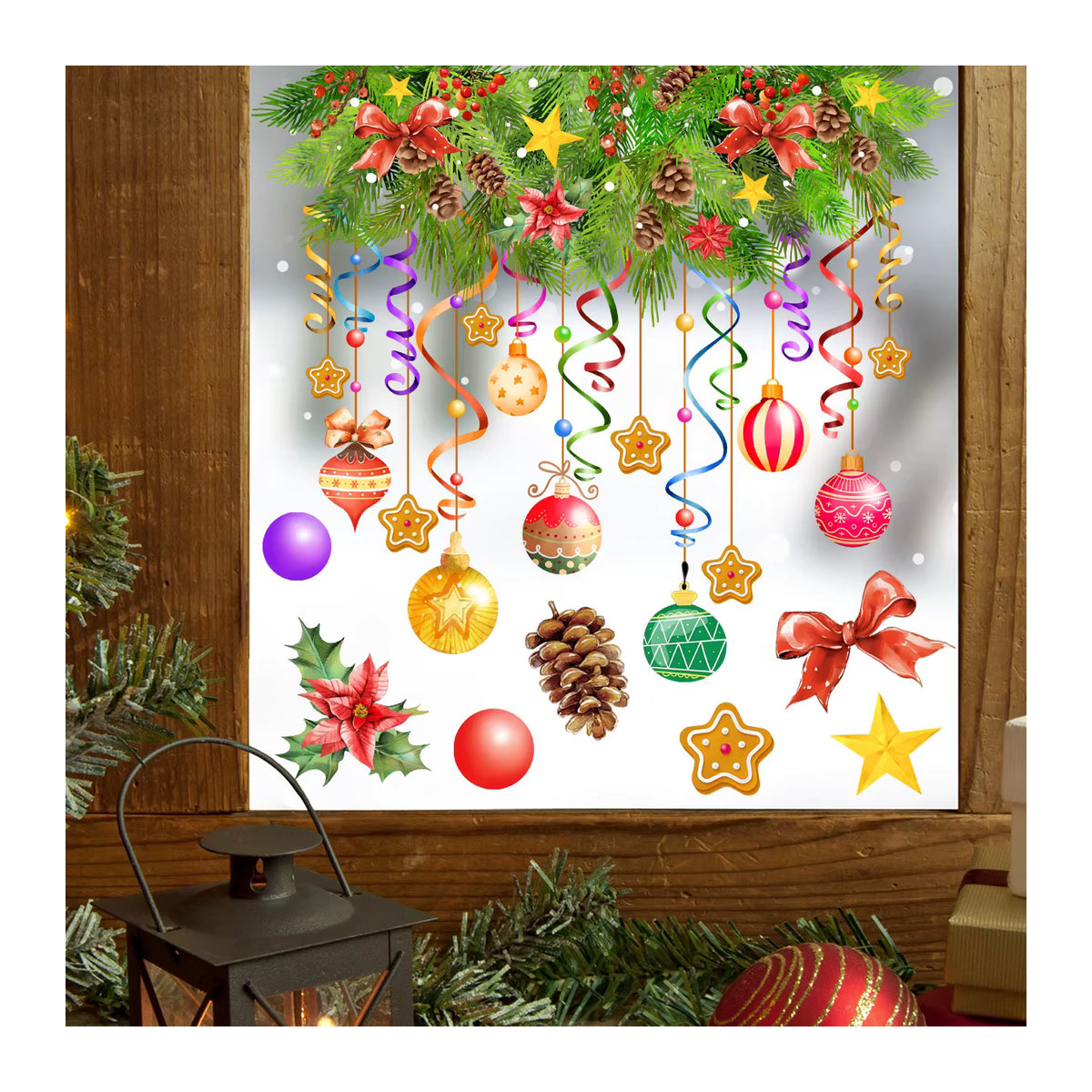 Weihnachts-Fensteraufkleber mit bunten Lichtern, Luftballons, Tannenzapfen und Band, doppelseitig bedruckbar, statisch haftend, Multicolor, B: 40,0 cm, H: 30,0 cm - Bild 2