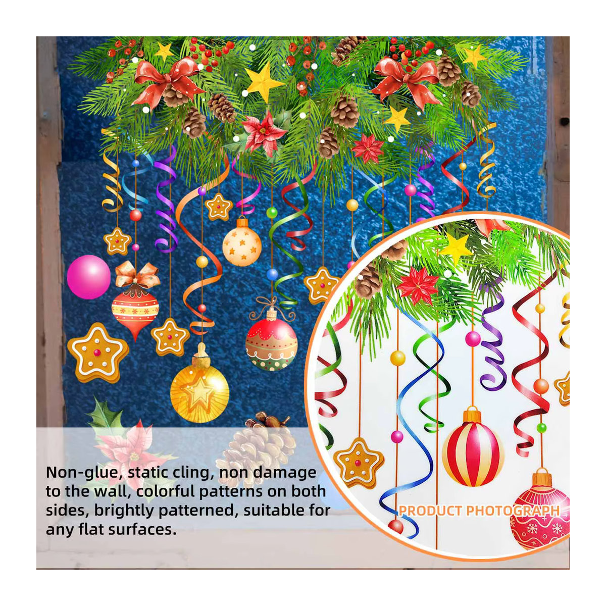 Weihnachts-Fensteraufkleber mit bunten Lichtern, Luftballons, Tannenzapfen und Band, doppelseitig bedruckbar, statisch haftend, Multicolor, B: 40,0 cm, H: 30,0 cm - Bild 4