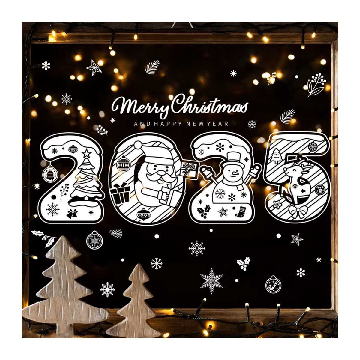 Weihnachts-Fensteraufkleber Set für Weihnachten und Neujahr mit weißem Weihnachtsmann, Elch, Schneemann und Baum in Weiß - Bild 2