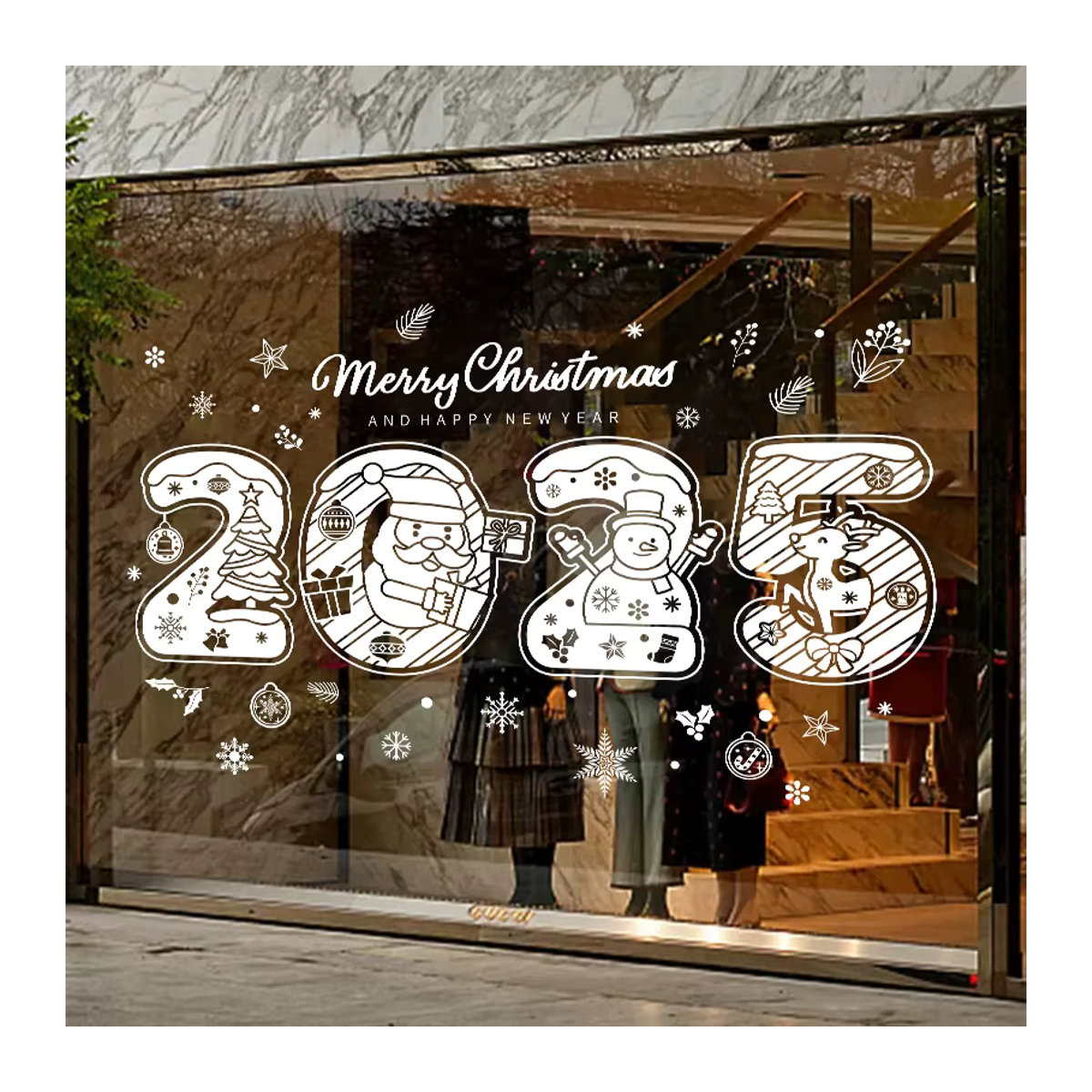 Weihnachts-Fensteraufkleber Set für Weihnachten und Neujahr mit weißem Weihnachtsmann, Elch, Schneemann und Baum in Weiß - Bild 3