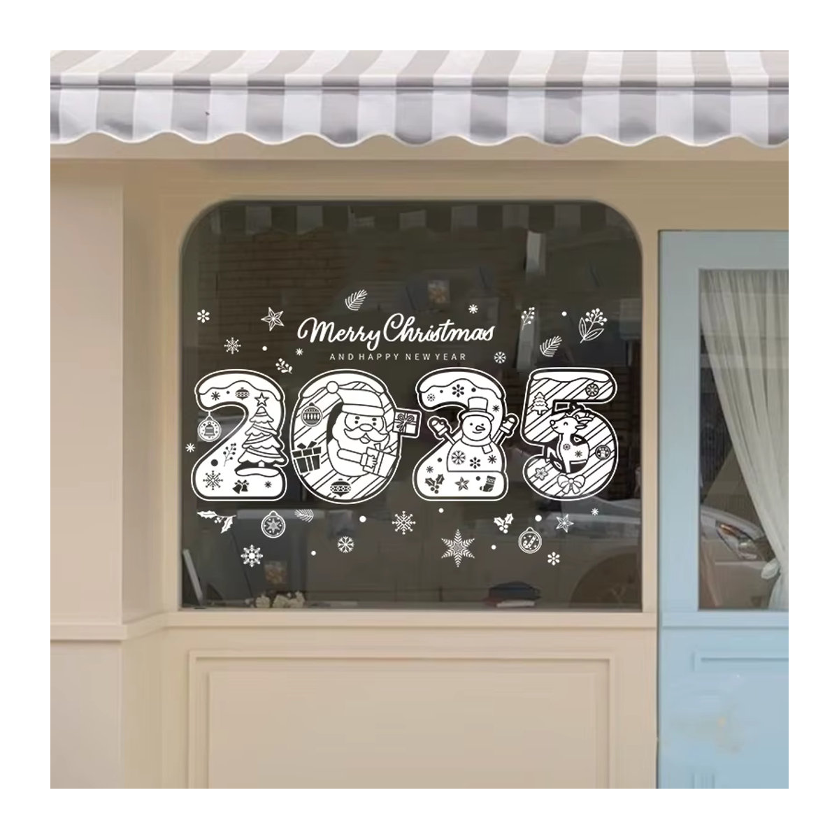 Weihnachts-Fensteraufkleber Set für Weihnachten und Neujahr mit weißem Weihnachtsmann, Elch, Schneemann und Baum in Weiß - Bild 4