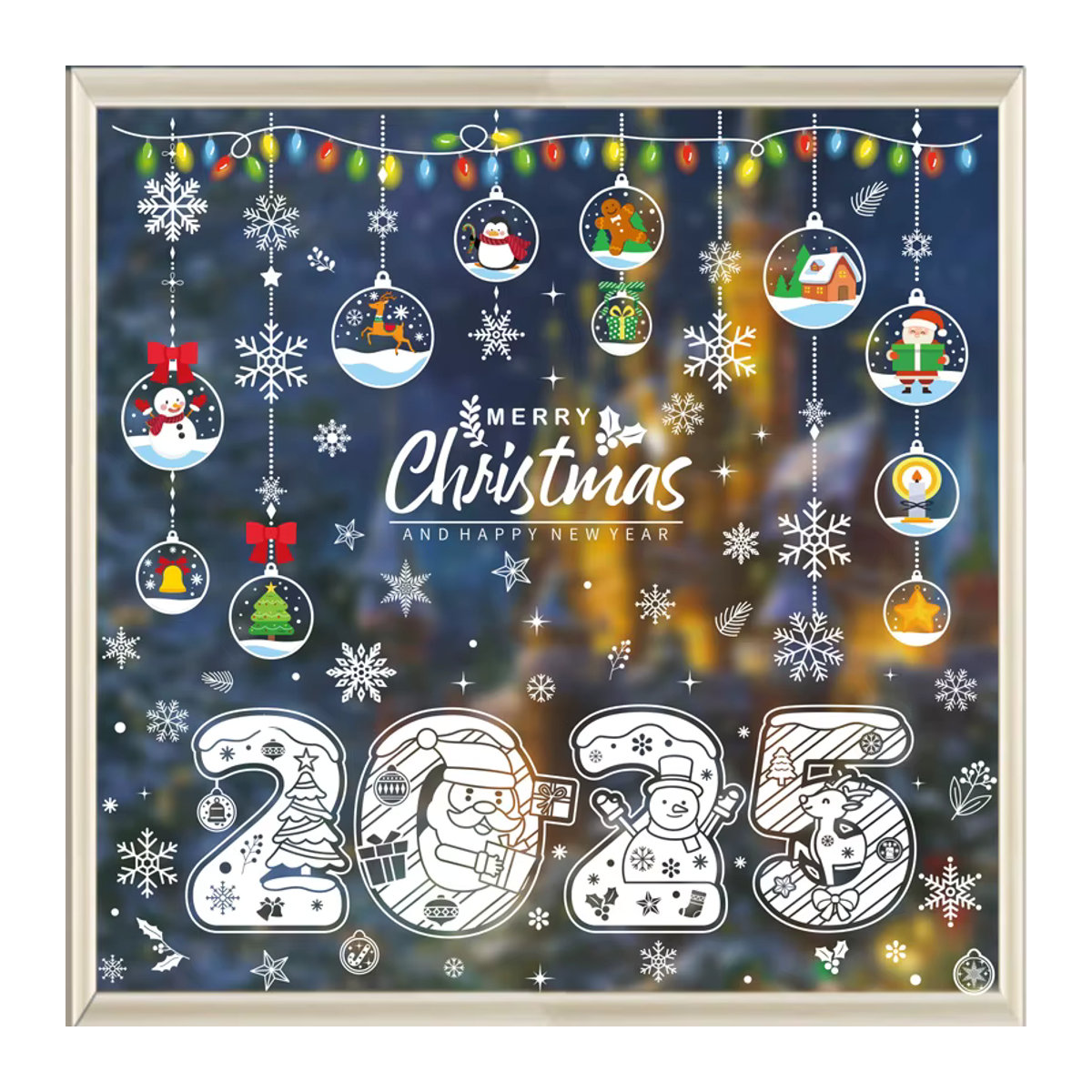 Weihnachts-Fensteraufkleber Set für Weihnachten und Neujahr mit weißem Weihnachtsmann, Elch, Schneemann und Baum in Weiß - Bild 6