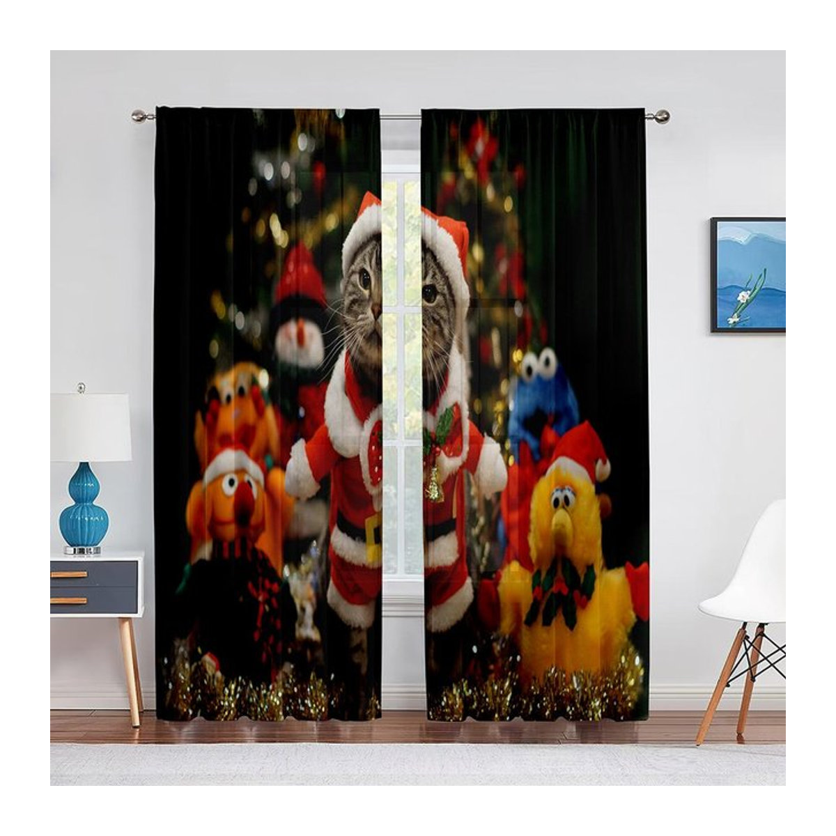 Weihnachts-Fenstervorhänge aus transparentem Tüll mit Schneemann und Weihnachtsmann, Multicolor, Breite: 100 cm, Höhe: 250 cm - Bild 1