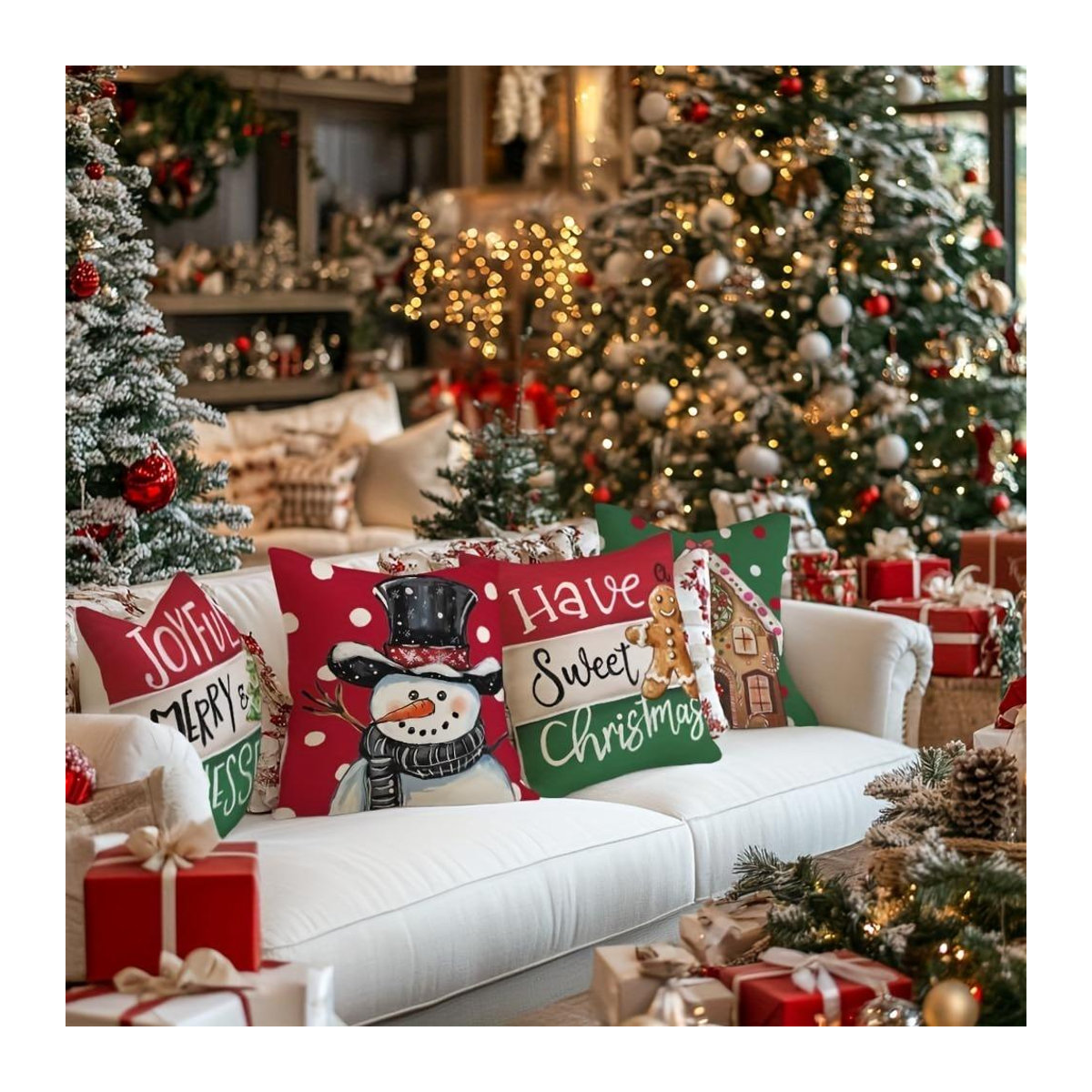 Weihnachts-Kissenbezug mit Schneemann, Lebkuchen, Weihnachtsbaum und Lebkuchenhaus Designs für dein Sofa und Wohnzimmer, B/B/H: 18 x 18 x 18 cm - Bild 1