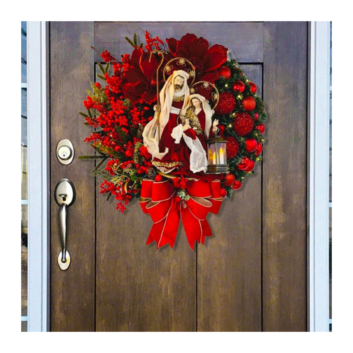 Weihnachts-Türschild als Kranz mit Heiliger Jesus-Aufdruck und Beerencluster für den Innen- und Außenbereich - Bild 1