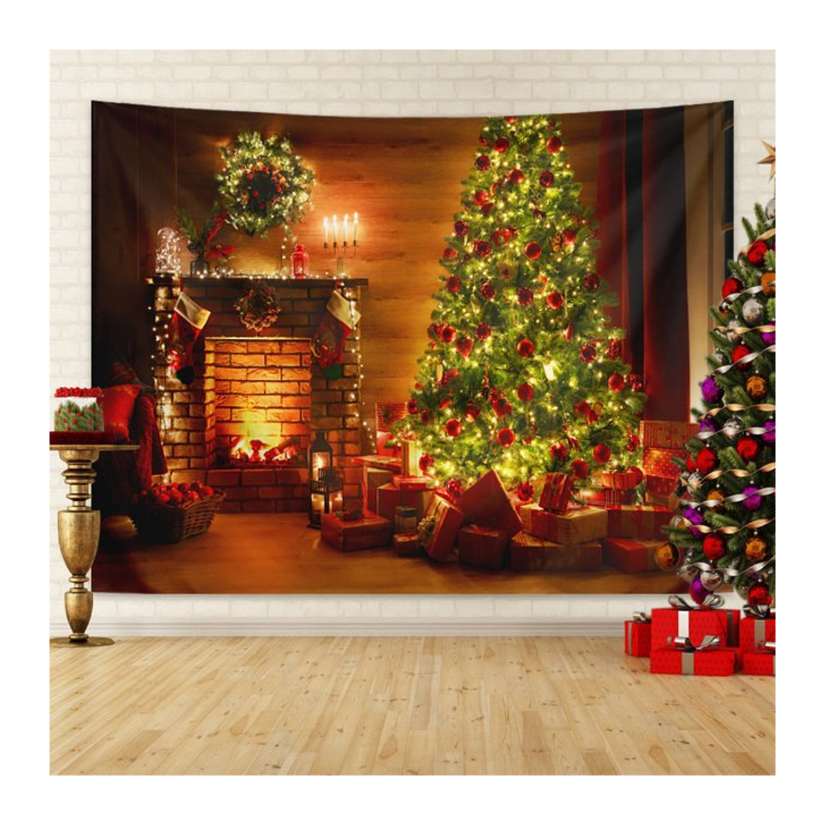 Weihnachts Wandteppich mit Weihnachtsbaum und Kamin als dekorativer Hintergrund Stoff für deine Weihnachtsfeier und als Foto Wandbehang - Bild 1