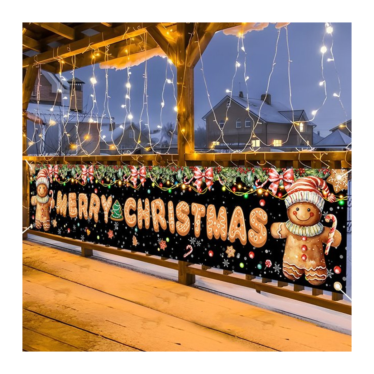 Weihnachtsbanner Frohe Weihnachten in Schwarz und Gold als hängendes Türschild für deine Weihnachtsdekoration und Neujahrsfeier - Bild 1