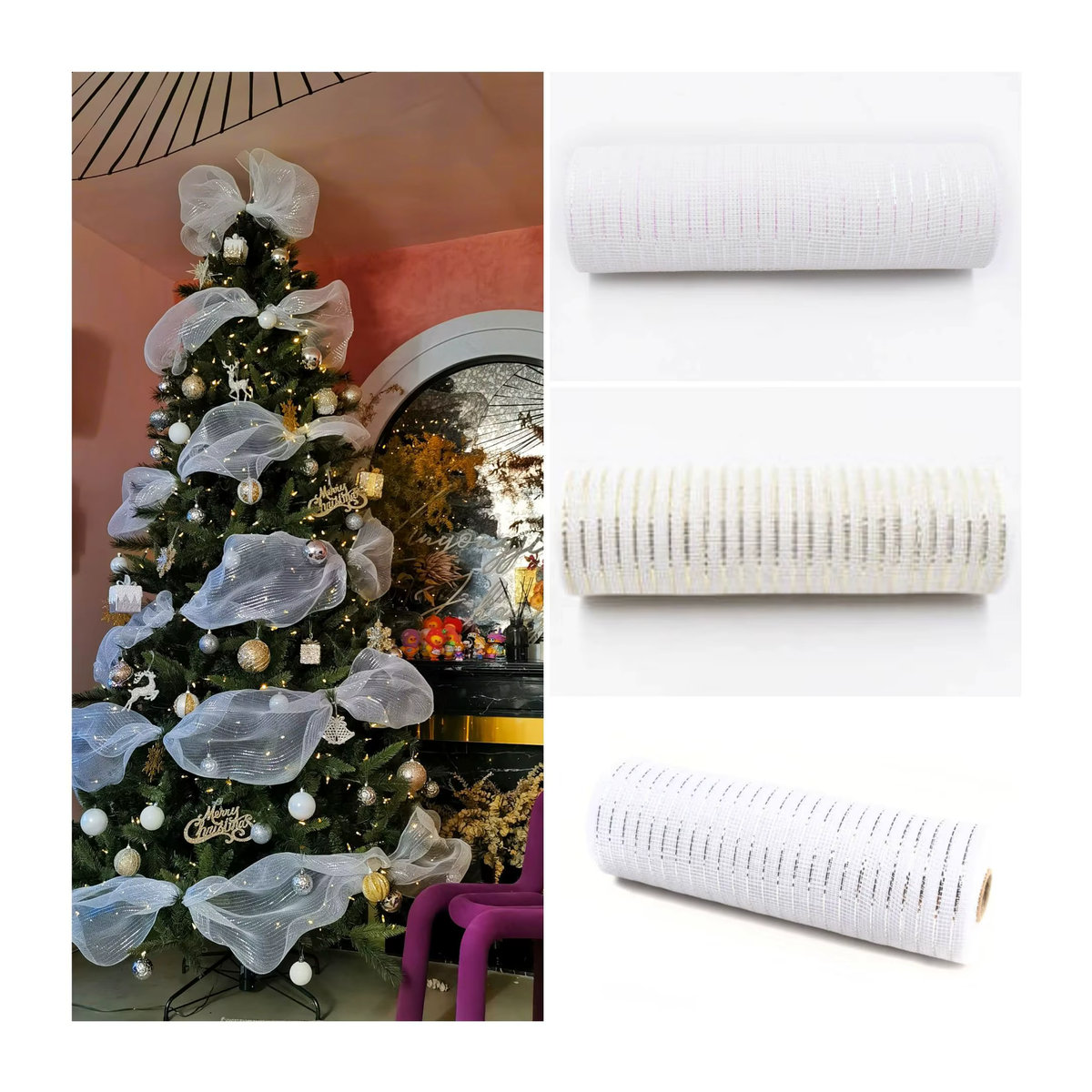Weihnachtsbaum Dekoration Set mit Netzband, Schleifen und Anhängern für deine DIY Weihnachtsdekoration - Bild 2