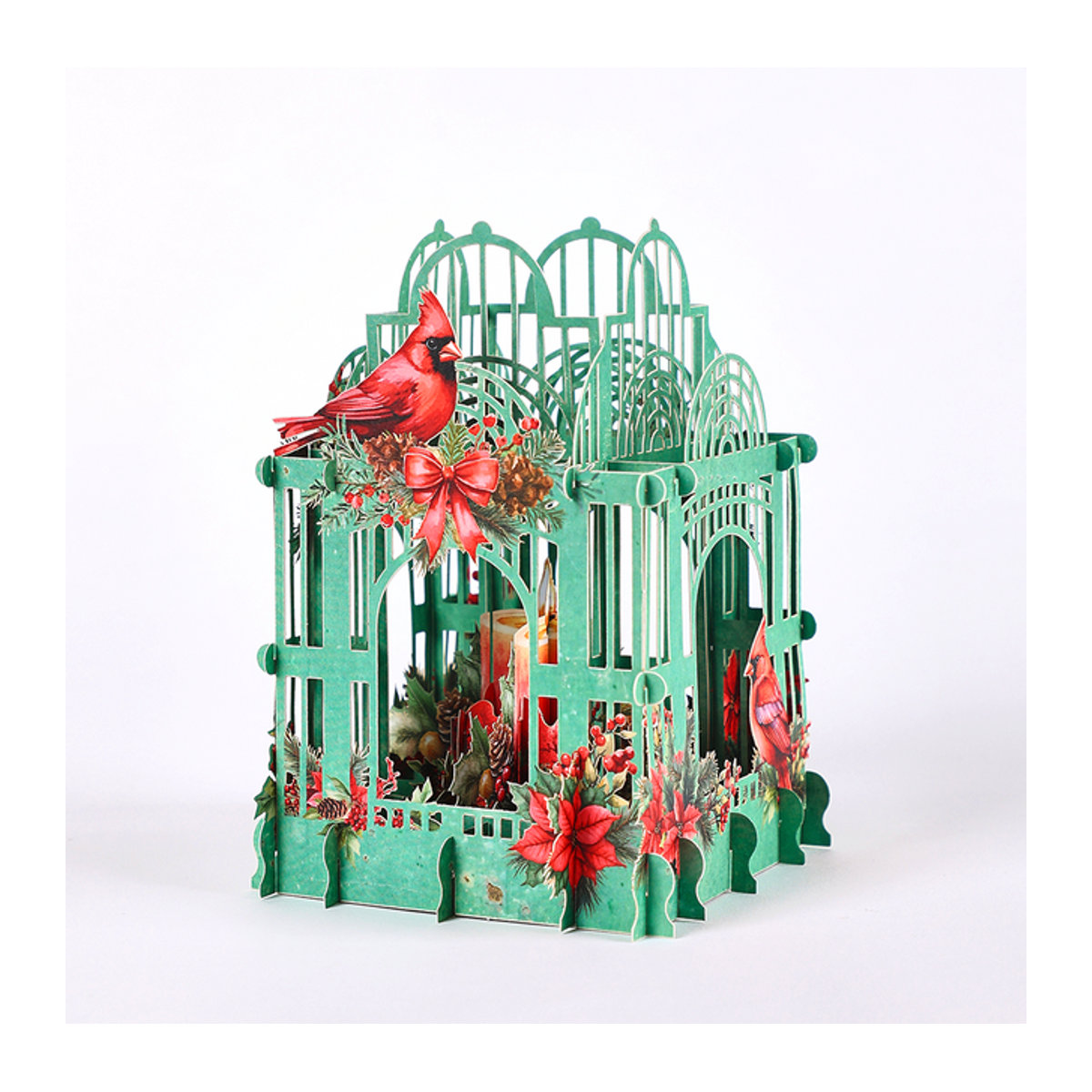 Weihnachtsstern 3D Box Mosailles mit Cardinalis Vogel in Grün, Vintage Papier-Dekoration mit Sternen und floralen Elementen - Bild 1