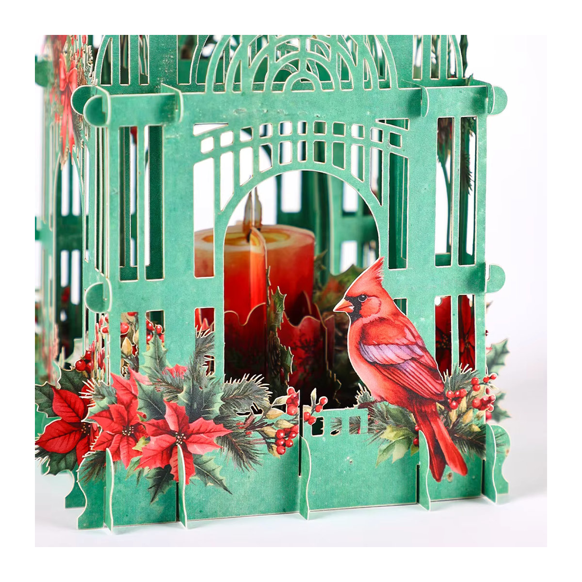 Weihnachtsstern 3D Box Mosailles mit Cardinalis Vogel in Grün, Vintage Papier-Dekoration mit Sternen und floralen Elementen - Bild 2