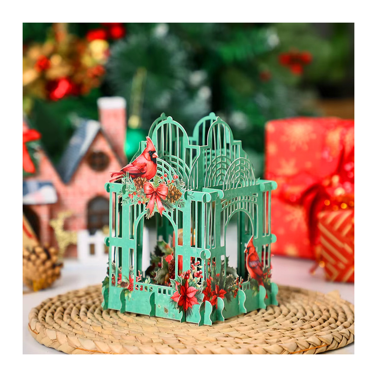Weihnachtsstern 3D Box Mosailles mit Cardinalis Vogel in Grün, Vintage Papier-Dekoration mit Sternen und floralen Elementen - Bild 3