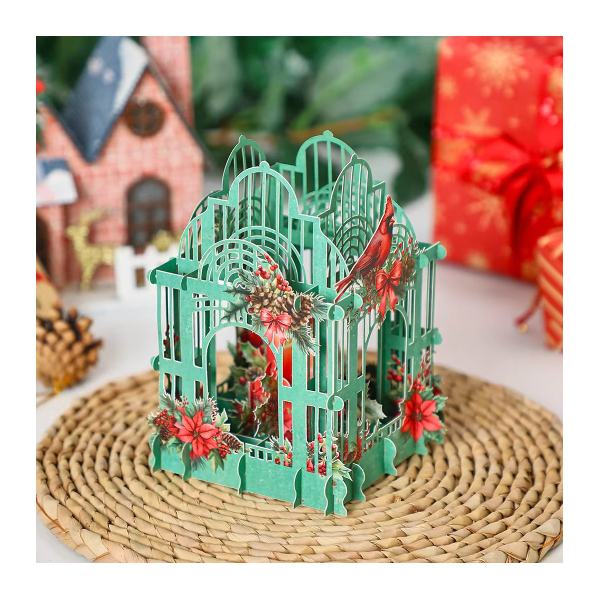 Weihnachtsstern 3D Box Mosailles mit Cardinalis Vogel in Grün, Vintage Papier-Dekoration mit Sternen und floralen Elementen - Bild 4