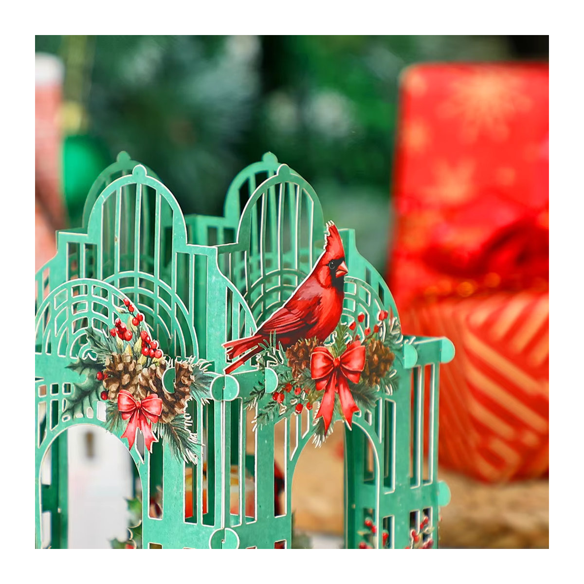 Weihnachtsstern 3D Box Mosailles mit Cardinalis Vogel in Grün, Vintage Papier-Dekoration mit Sternen und floralen Elementen - Bild 5