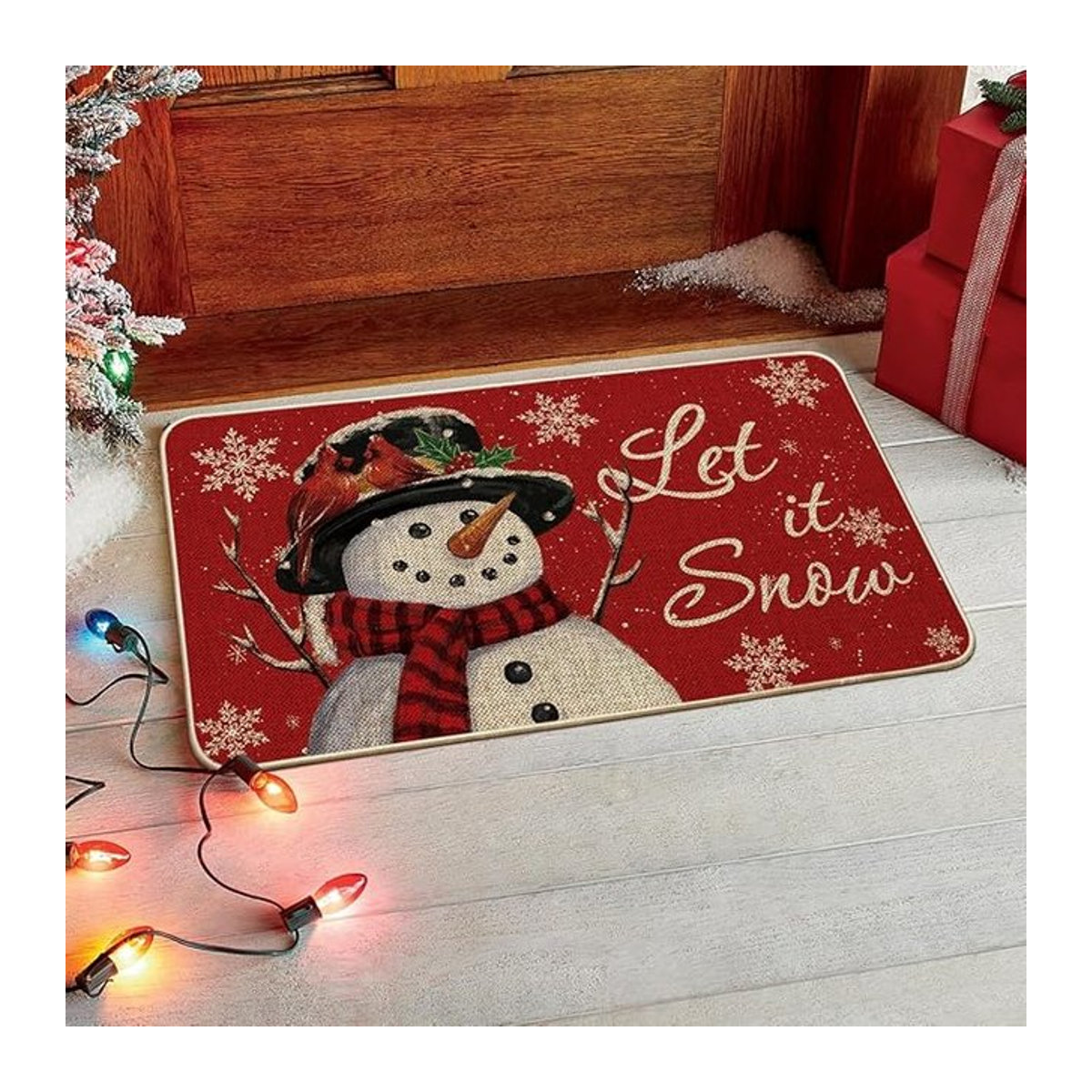 Weihnachtsteppich mit Schneemann Design, roter Schal und Hut, Let It Snow Text, B/B: 50 cm, T: 30 cm - Bild 1