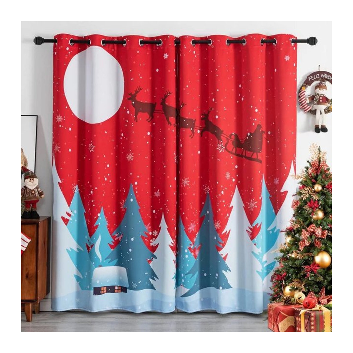 Weihnachtsvorhänge aus Polyester mit 3D-Digitaldruck und Schneeflocken-Baum-Design, halbtransparent, B: 100 cm, H: 130 cm - Bild 1