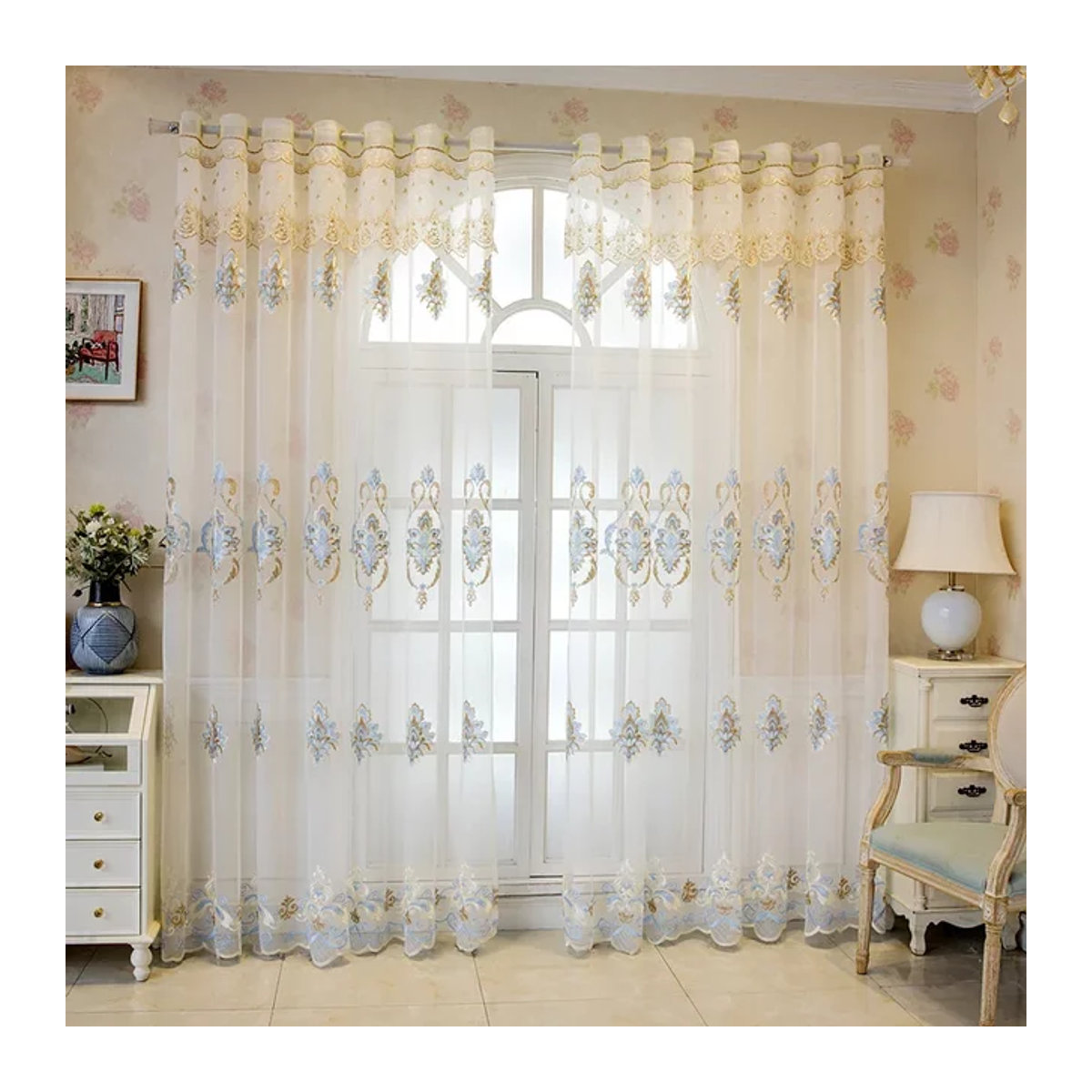 Weiße Fenstergaze-Vorhänge mit Blumenstickerei im europäischen Stil für Wohnzimmer und Schlafzimmer - Bild 1