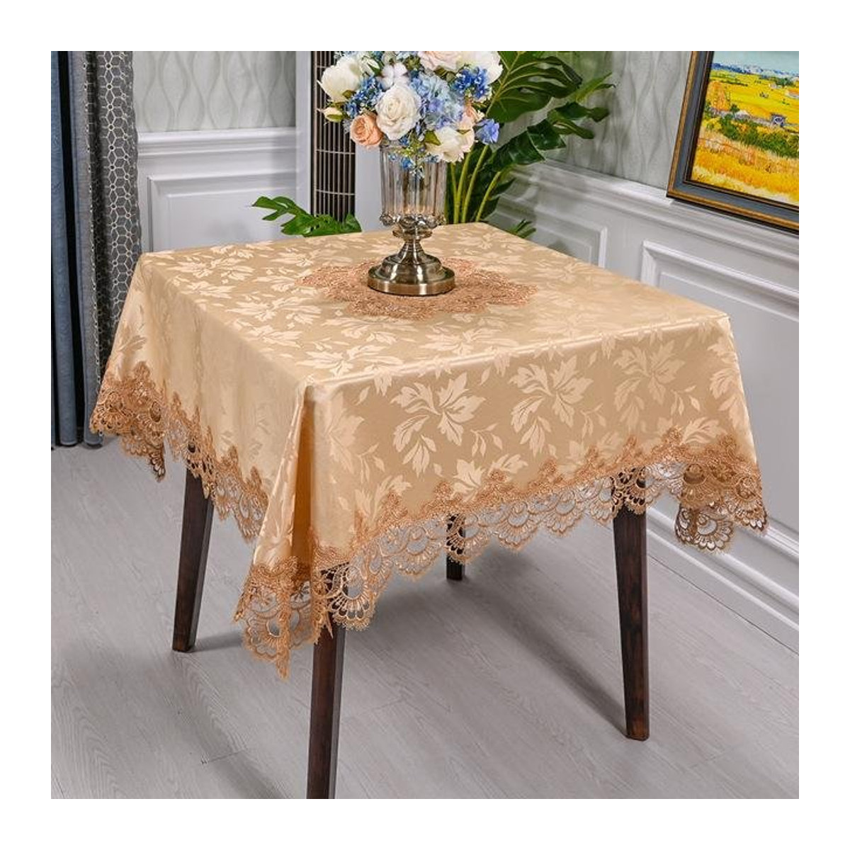 Weiße Luxus-Stickerei-Spitzen-Tischdecke für deinen Esstisch, quadratische Tischabdeckung zur Dekoration und zum Schutz, B/B/H: 83 x 83 x 0 cm - Bild 1