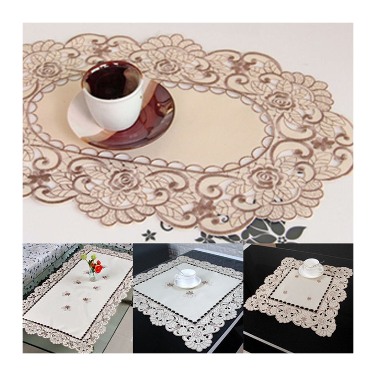 Weiße Tischdecke aus Satin mit europäischer Spitzenstickerei und Blumenmuster - Bild 1