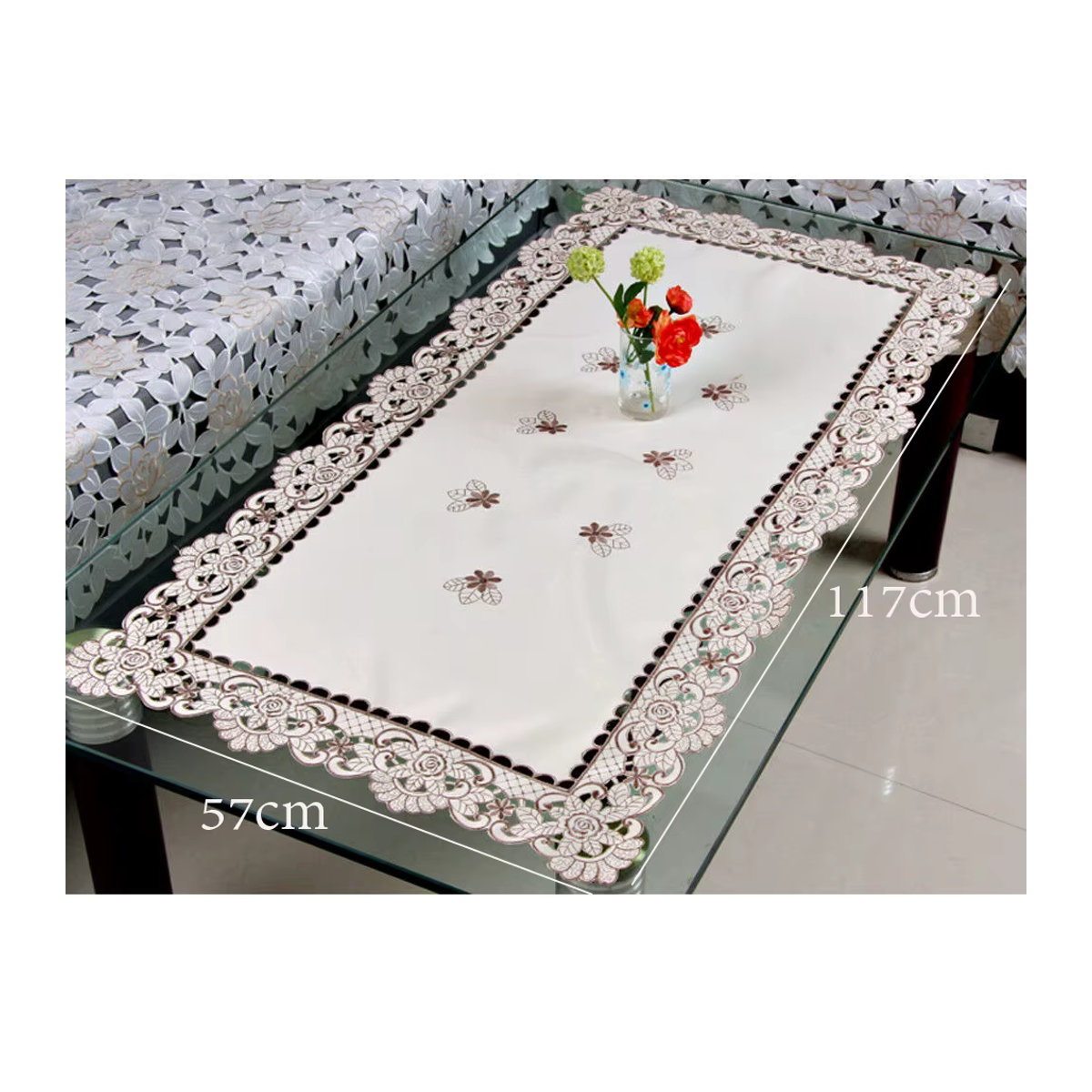 Weiße Tischdecke aus Satin mit europäischer Spitzenstickerei und Blumenmuster - Bild 5
