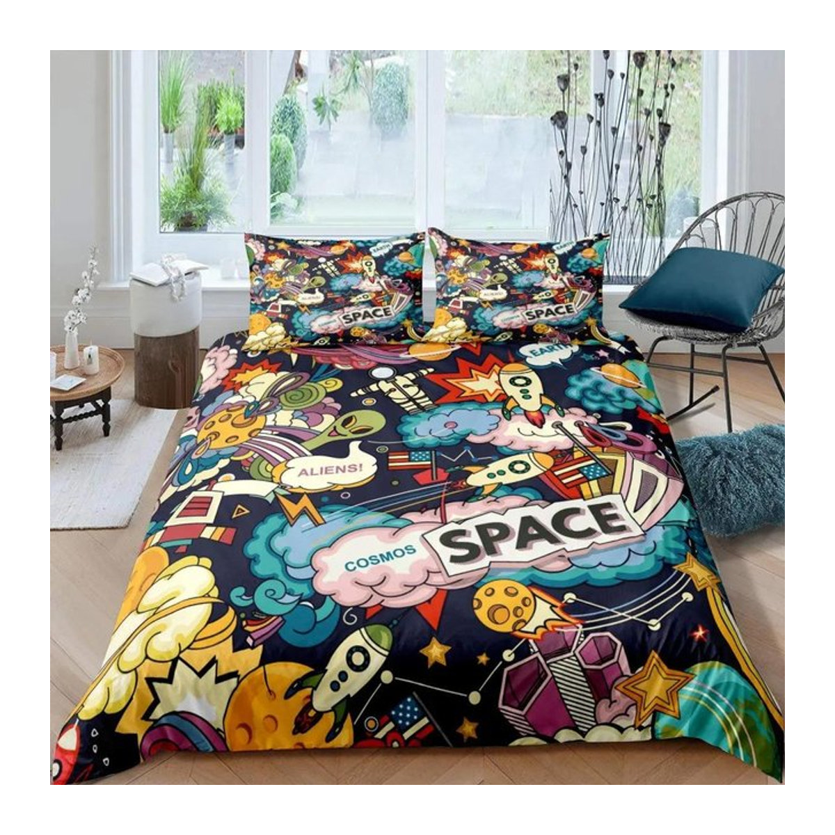 Weltraum Bettwäsche-Set mit Raketen und Planeten im Cartoon-Stil aus Mikrofaser, Multicolor, B/H: 135 x 200 cm - Bild 1