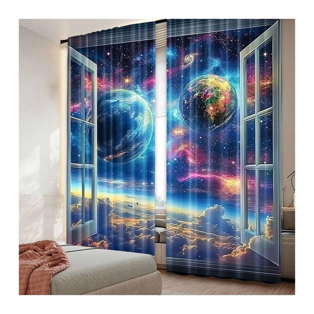 Weltraum Galaxie Vorhang Set mit Universum Nebel und Planeten Design, Multicolor, Polyester, B: 100 cm, H: 70 cm - Bild 1