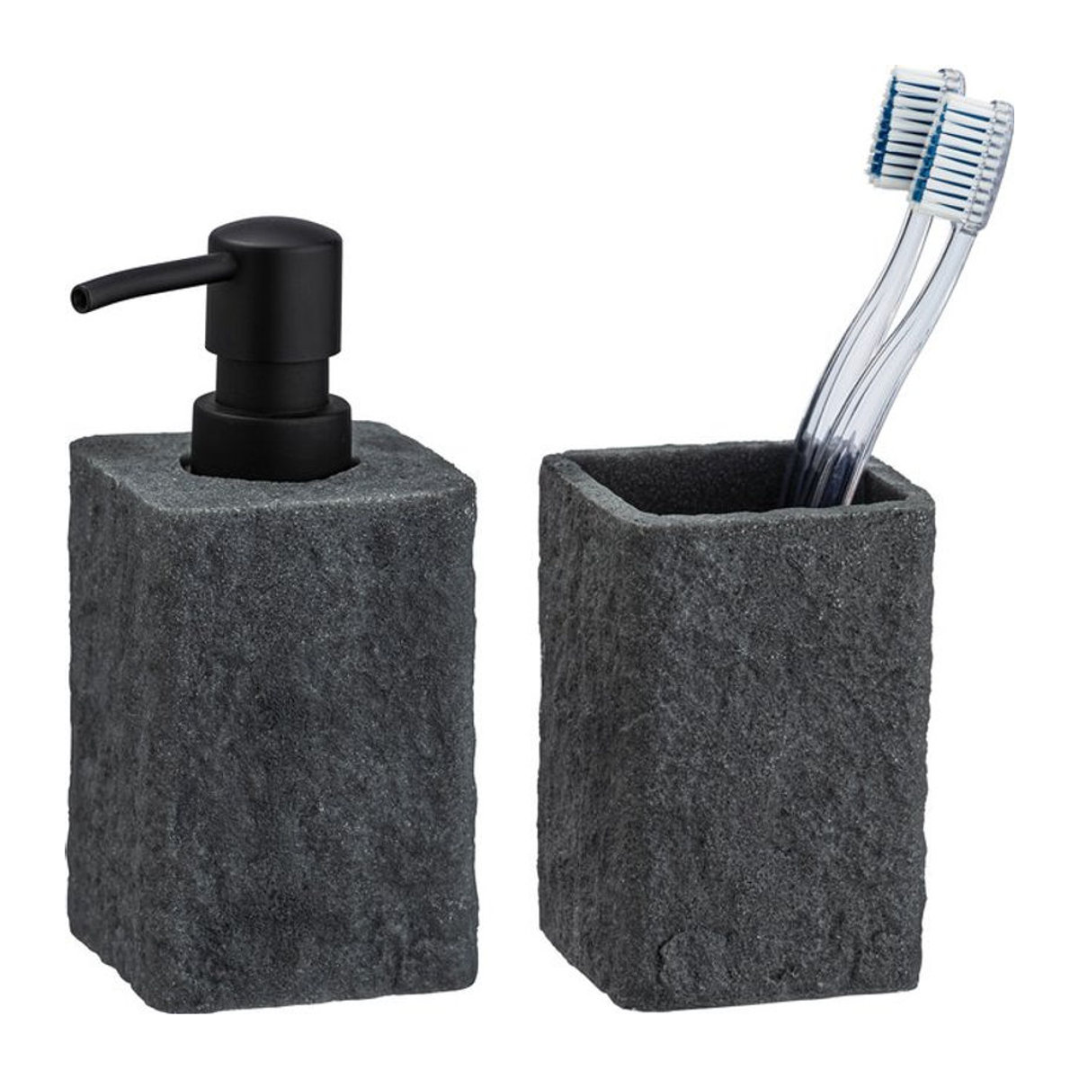 Wenko Bad-Accessoire-Set Villata mit Seifenspender und Zahnputzbecher, Grau, 2-teilig - Bild 1