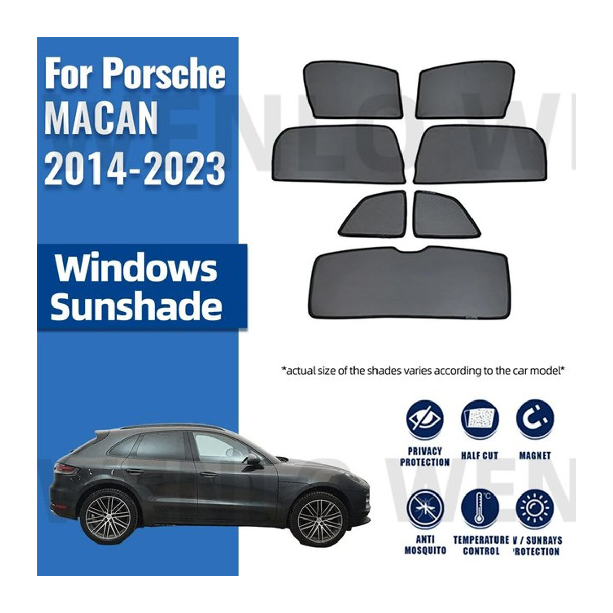 Wenlo Magnetischer Sonnenschutz für Porsche Macan 2014-2023, Schwarzer Textil-Sonnenschutz für Frontscheibe und hintere Seitenfenster - Bild 1