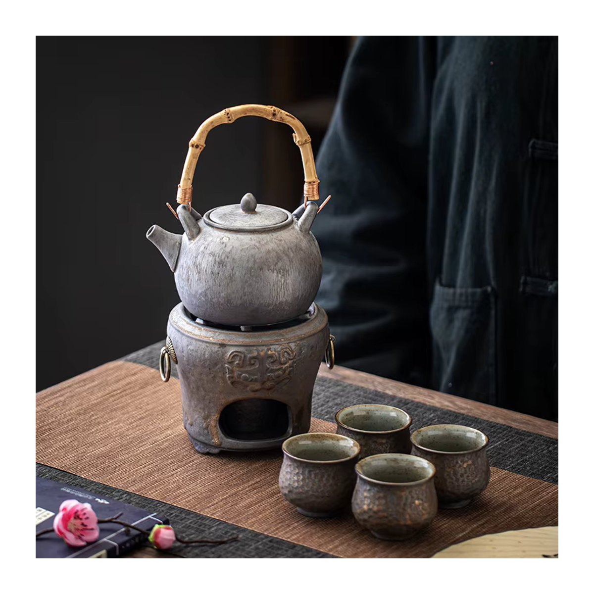 WENZHE Keramik-Teekannen-Set im Vintage-Stil mit Alkohol-Heizbasis in Grau - Bild 3