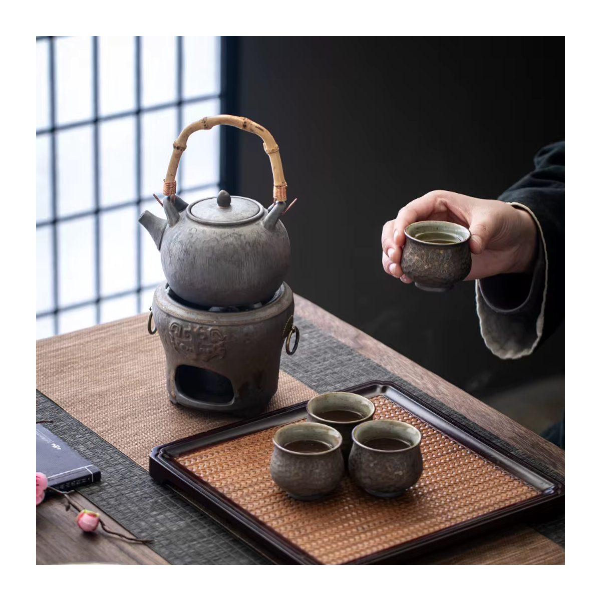 WENZHE Keramik-Teekannen-Set im Vintage-Stil mit Alkohol-Heizbasis in Grau - Bild 5