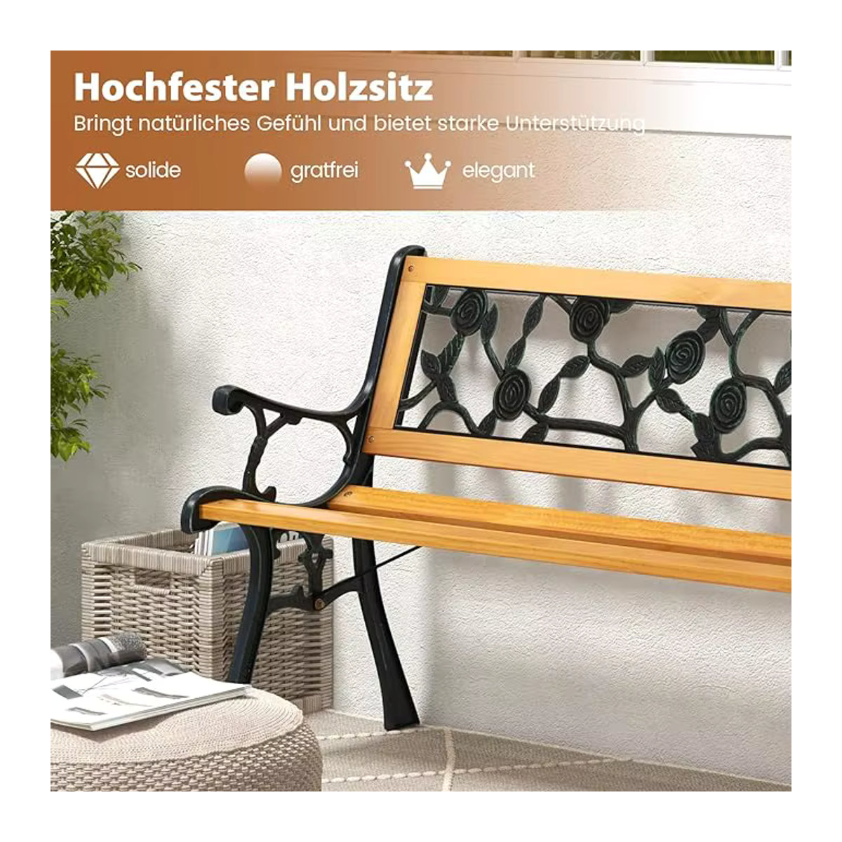 Wetterfeste GOFLAME Gartenbank als 2-Sitzer mit Armlehnen und Rückenlehne in Schwarz, B/T/H: 126 x 52 x 74 cm - Bild 2