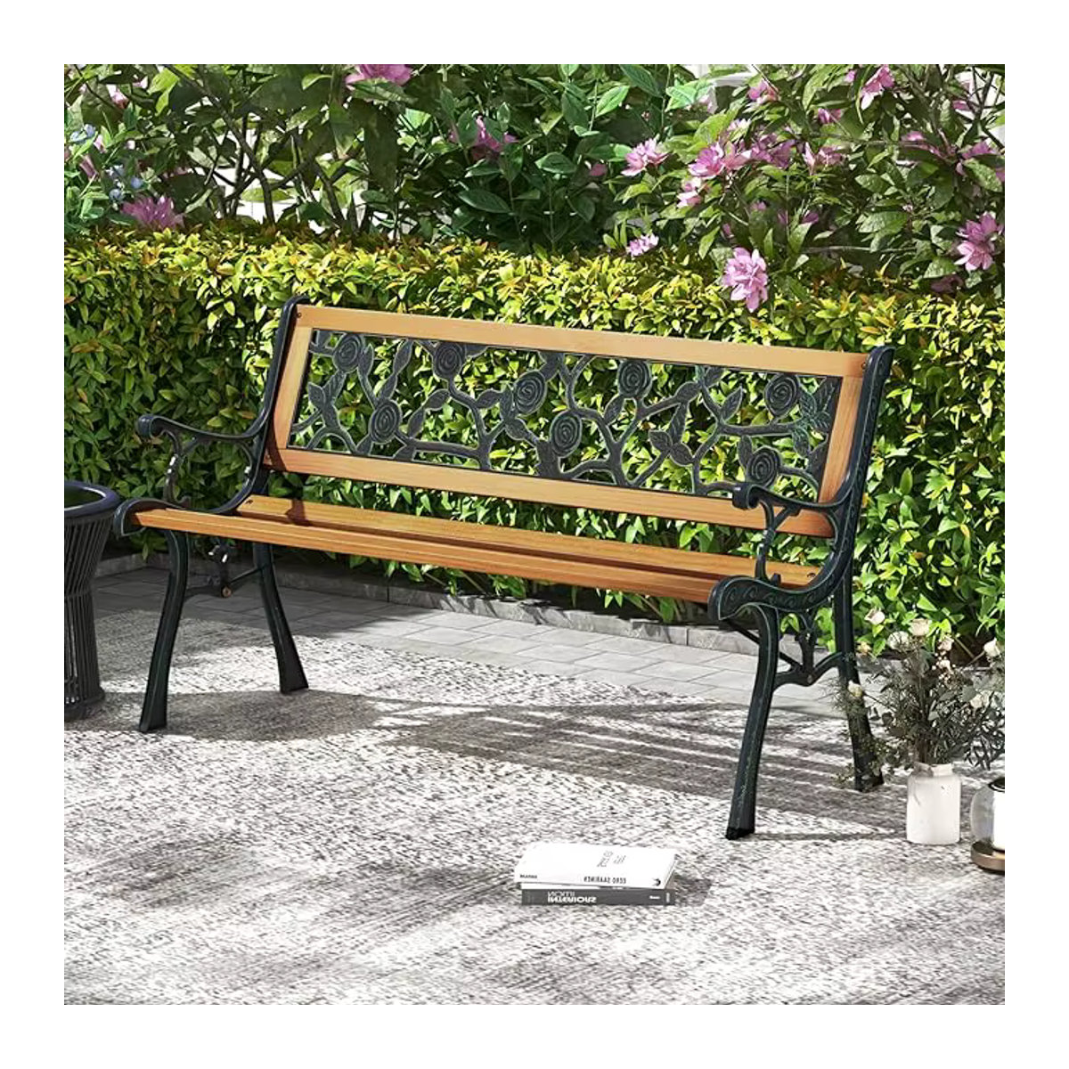 Wetterfeste GOFLAME Gartenbank als 2-Sitzer mit Armlehnen und Rückenlehne in Schwarz, B/T/H: 126 x 52 x 74 cm - Bild 3