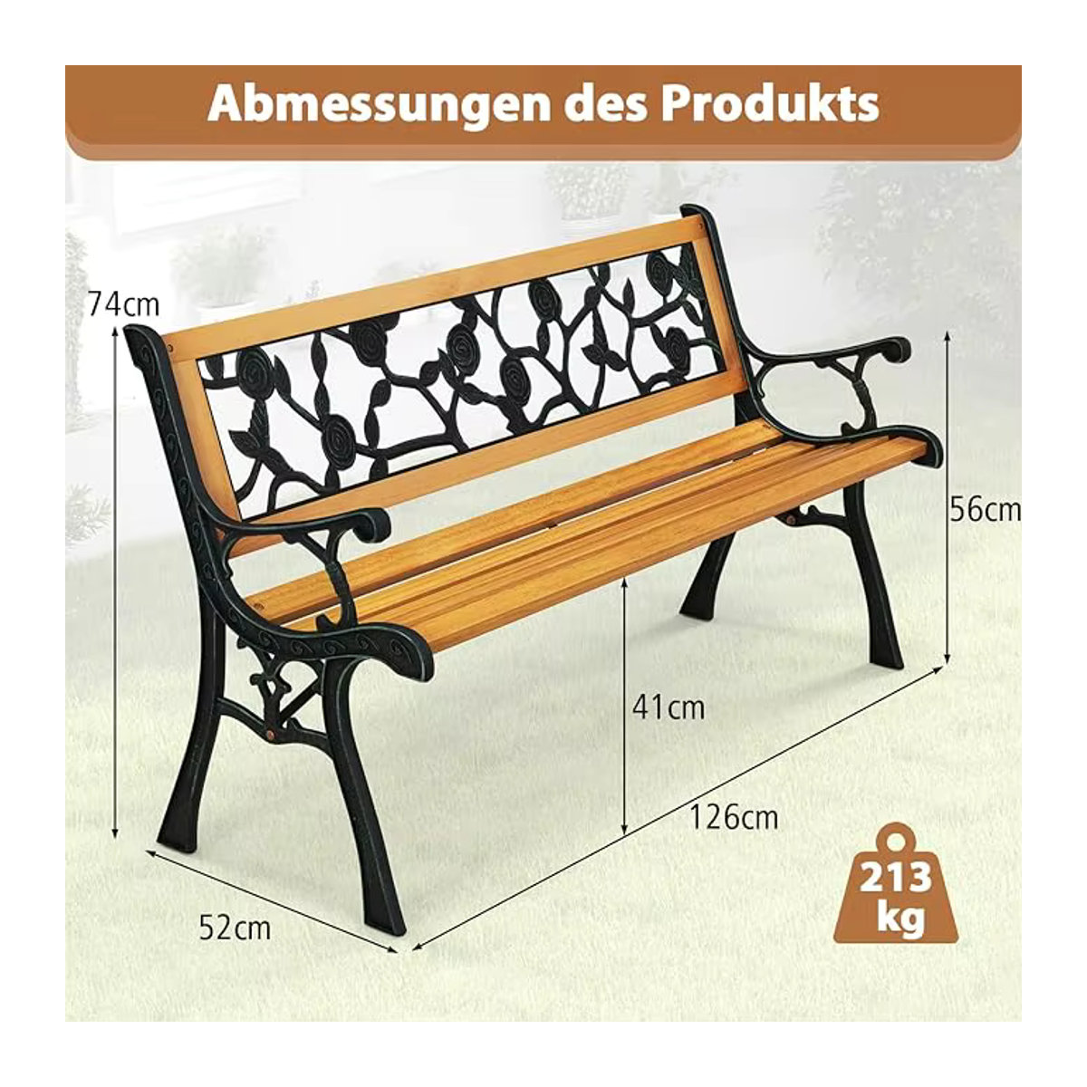 Wetterfeste GOFLAME Gartenbank als 2-Sitzer mit Armlehnen und Rückenlehne in Schwarz, B/T/H: 126 x 52 x 74 cm - Bild 4