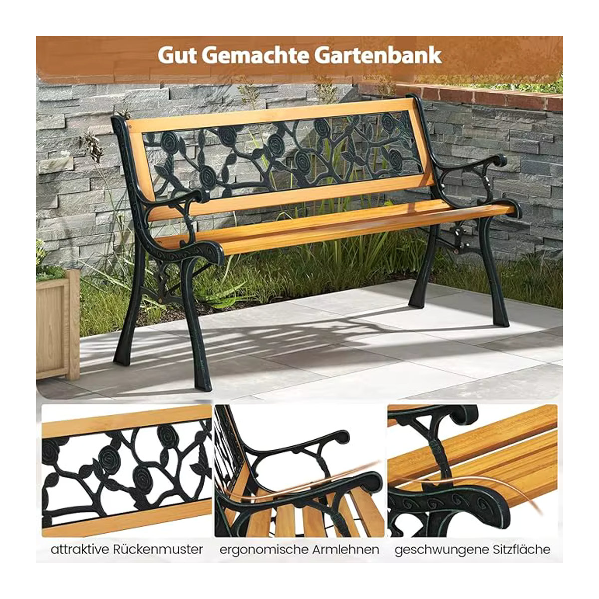 Wetterfeste GOFLAME Gartenbank als 2-Sitzer mit Armlehnen und Rückenlehne in Schwarz, B/T/H: 126 x 52 x 74 cm - Bild 5