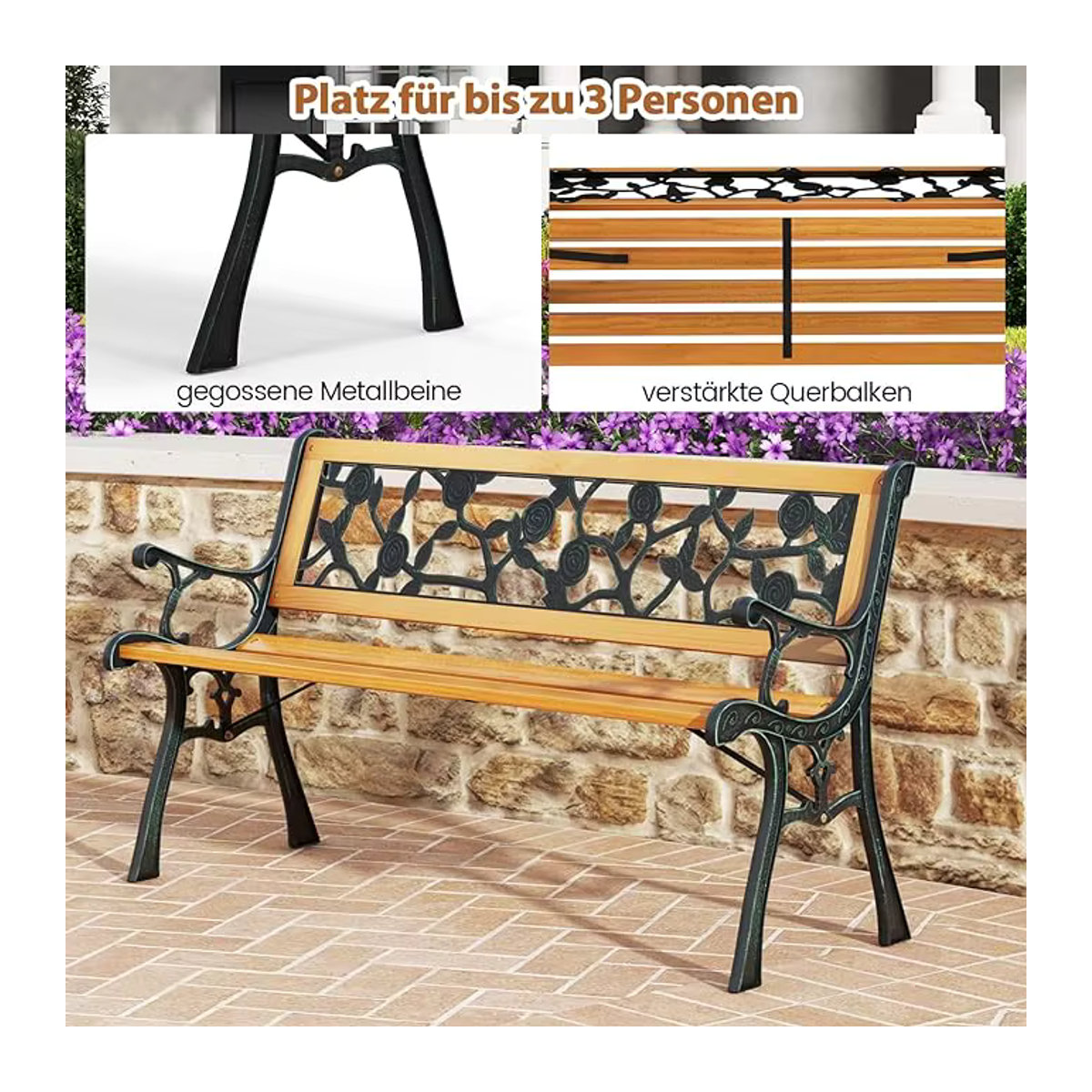 Wetterfeste GOFLAME Gartenbank als 2-Sitzer mit Armlehnen und Rückenlehne in Schwarz, B/T/H: 126 x 52 x 74 cm - Bild 6