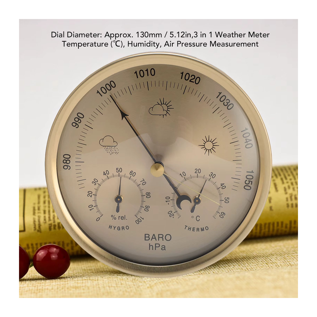 Wettervorhersagestation von meterk mit mechanischem Uhrwerk, Thermometer, Barometer und Hygrometer aus Aluminiumlegierung in Gold - Bild 2