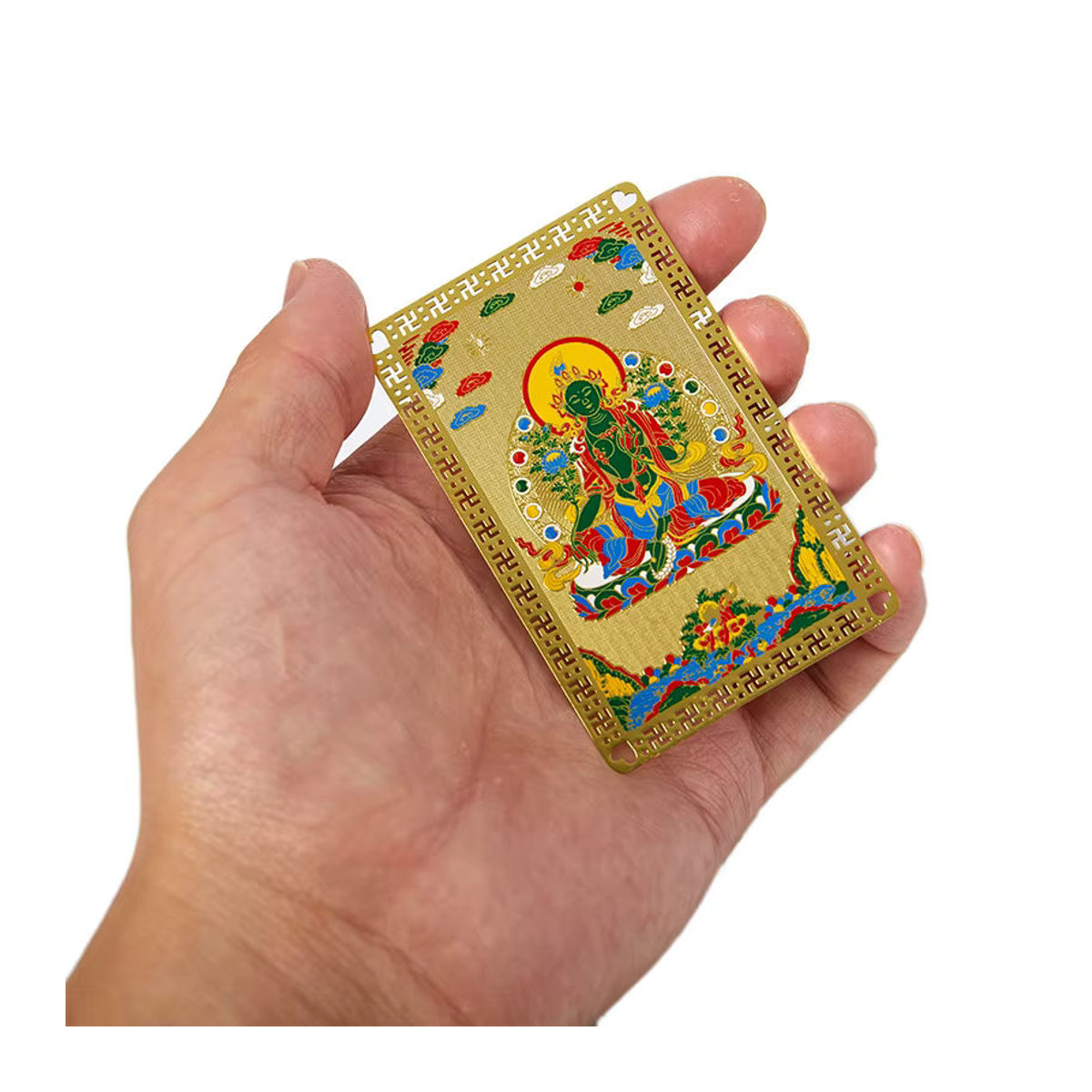WHPHous Buddha Metallkarte in Gold mit Guan Gong Motiv als Glücksbringer und Amulett - Bild 3