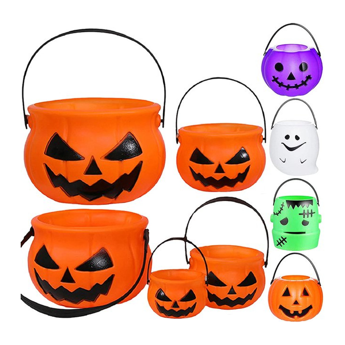 WHPHous Halloween Süßigkeiten Eimer mit Geist und Kürbis in Weiß, Grün und Lila für Kinder als Party Dekoration - Bild 1