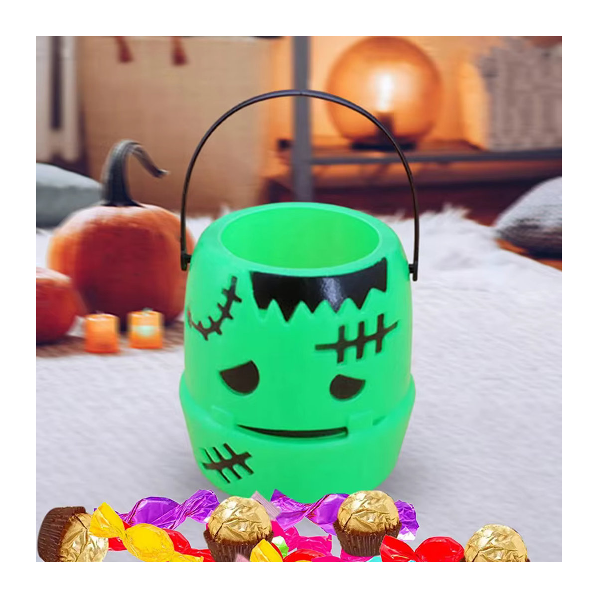 WHPHous Halloween Süßigkeiten Eimer mit Geist und Kürbis in Weiß, Grün und Lila für Kinder als Party Dekoration - Bild 2