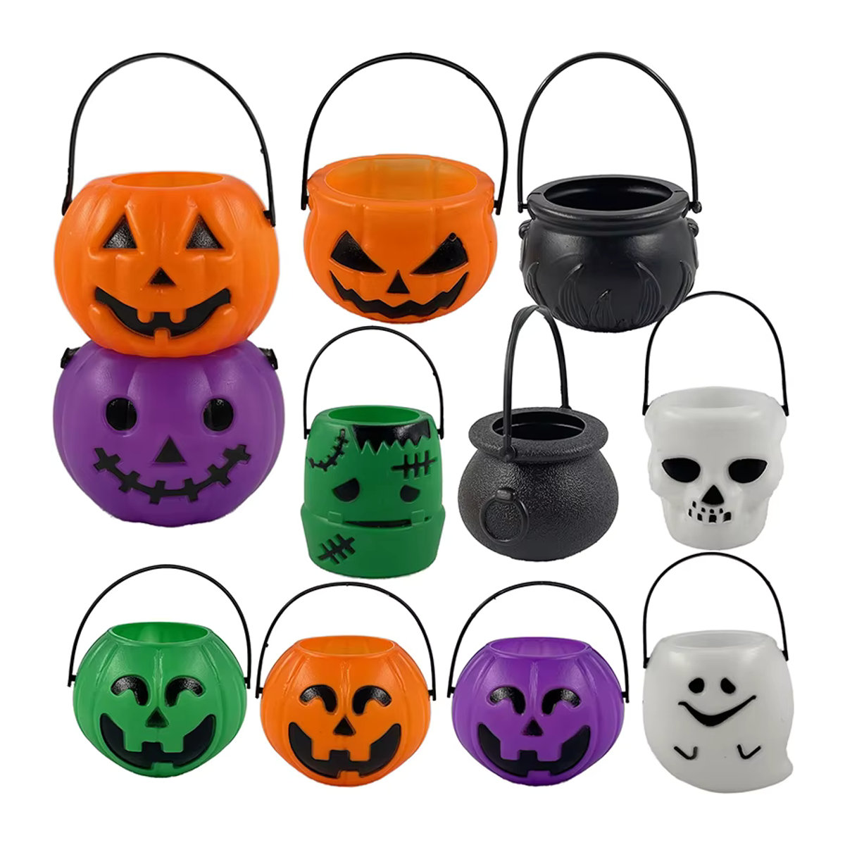 WHPHous Halloween Süßigkeiten Eimer mit Geist und Kürbis in Weiß, Grün und Lila für Kinder als Party Dekoration - Bild 3