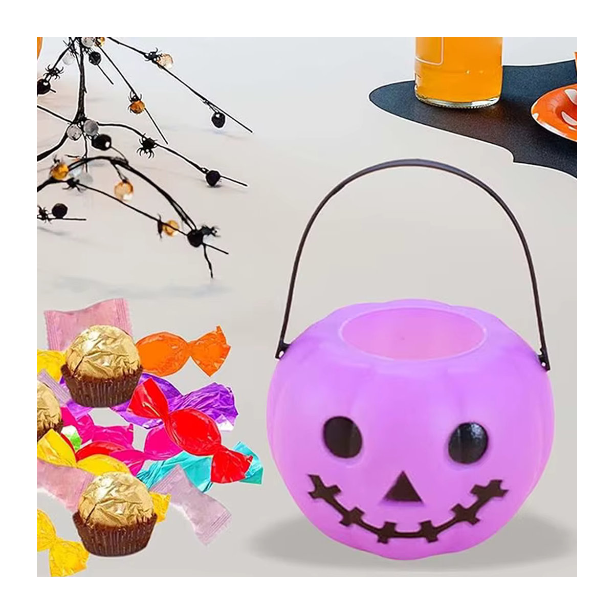 WHPHous Halloween Süßigkeiten Eimer mit Geist und Kürbis in Weiß, Grün und Lila für Kinder als Party Dekoration - Bild 4